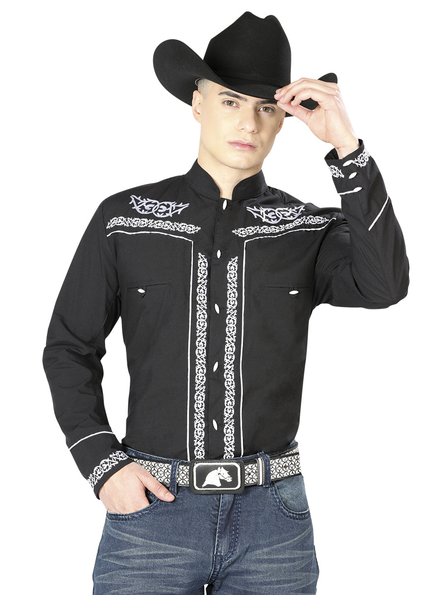 El Señor de los Cielos Charro Embroidery Shirt Black/White 40782