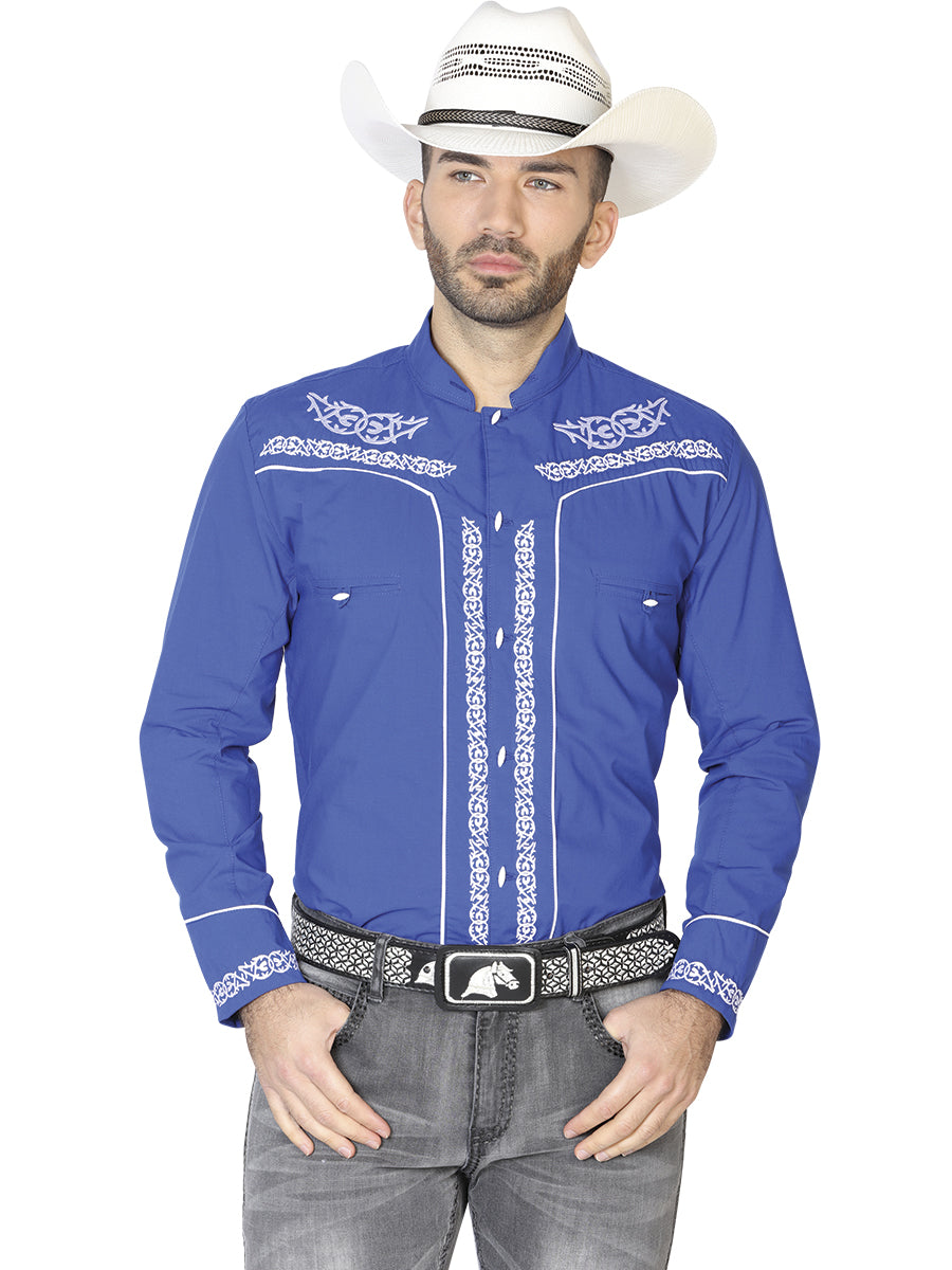 El Señor de los Cielos Charro Embroidery Shirt Royal Blue/White 42878