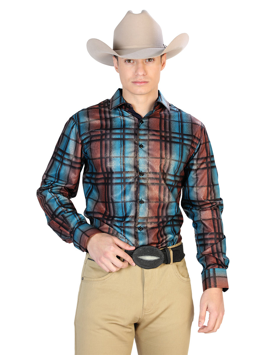 Casual Shirt L/ Sleeve El Señor de los Cielos WH7-145 100% POLYESTER ORANGE/BLUE