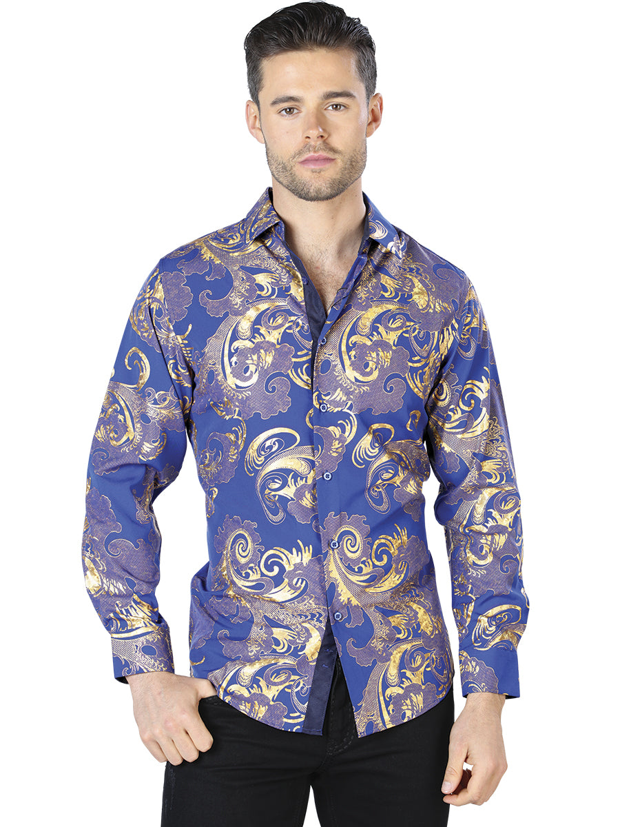 Casual Shirt L/ Sleeve El Señor de los Cielos WH10-040 97% Polyester 3% Spandex BLUE/GOLD