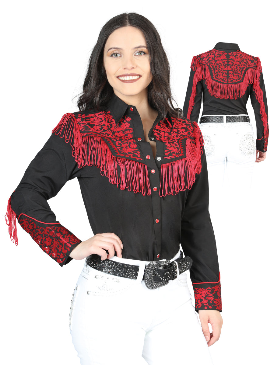 Womens Fringe Black Embroidered Western-style Blouse 44178