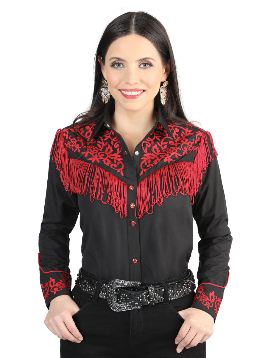 Womens Fringe Black Embroidered Western-style Blouse 44181