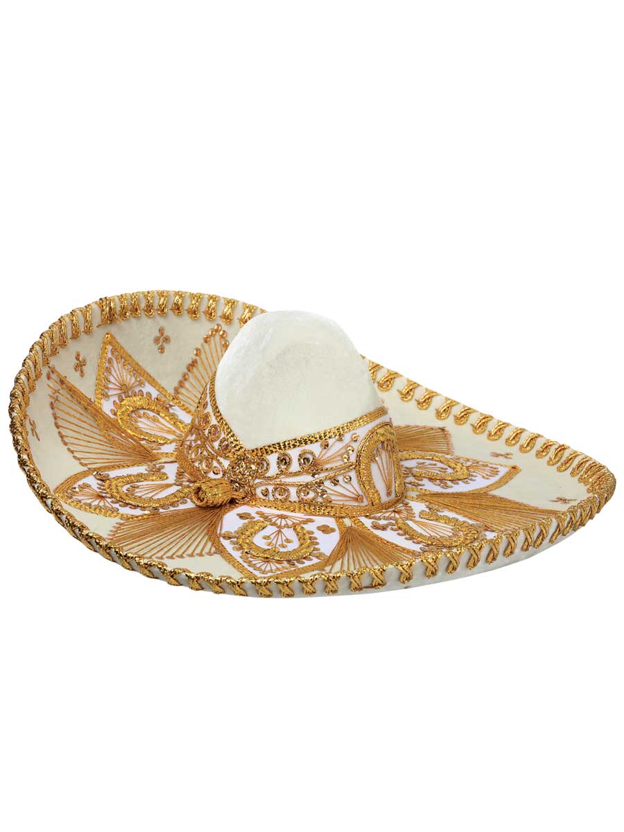 Mexican Artisanal Charro Hat Velvet Ivory/Gold 600209