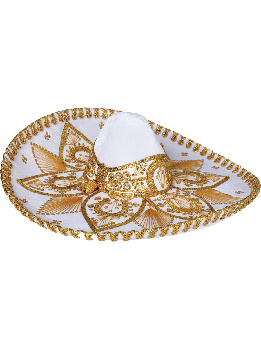 Mexican Artisanal Charro Hat Velvet White/Gold 600758