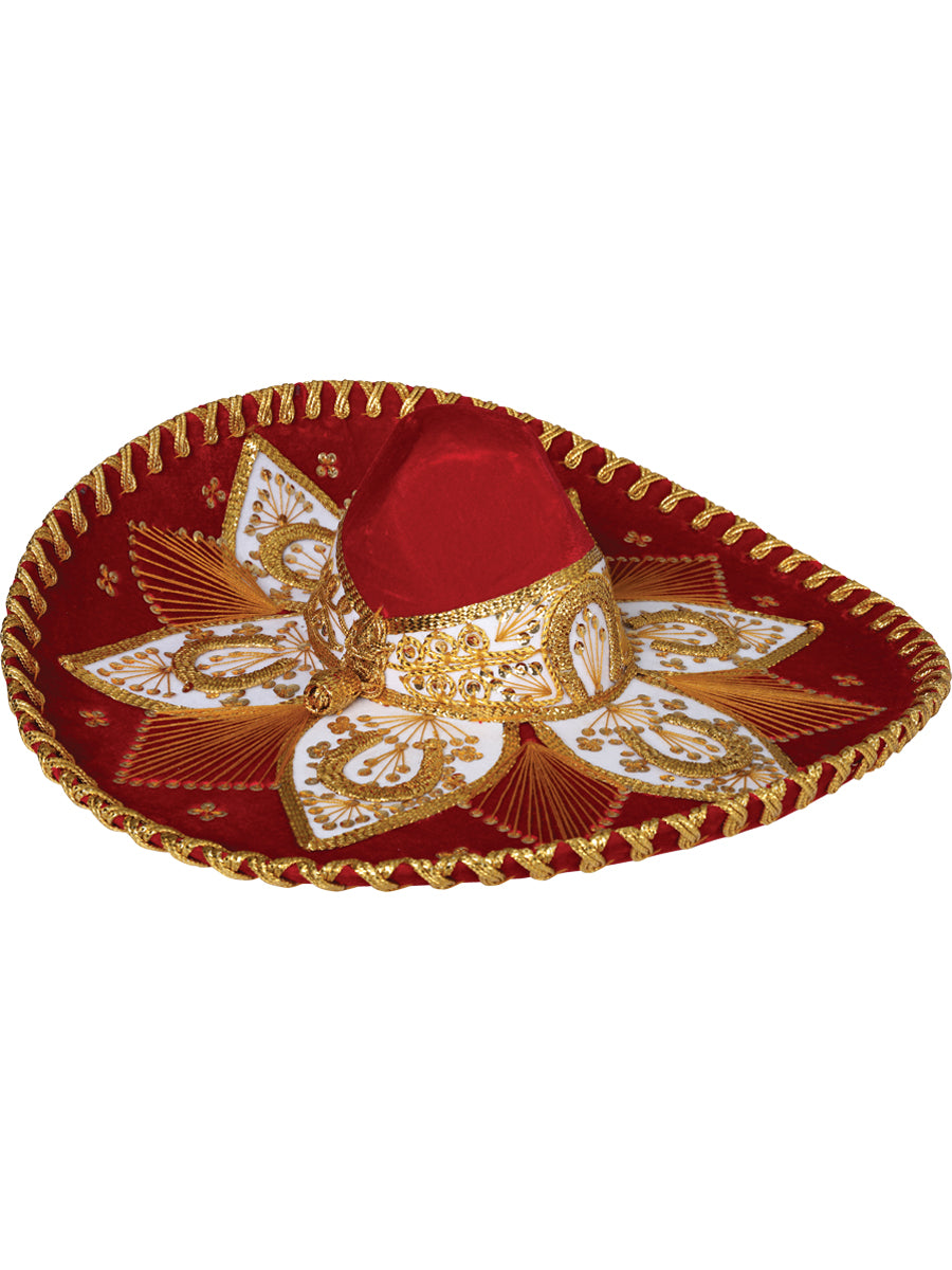 Mexican Artisanal Charro Hat Velvet Red/Gold 600767