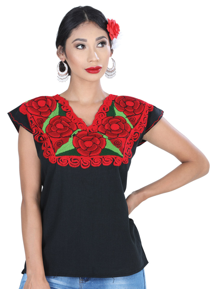 Artisanal Embroidered Blouse 100% Cotton Black/Red 601409