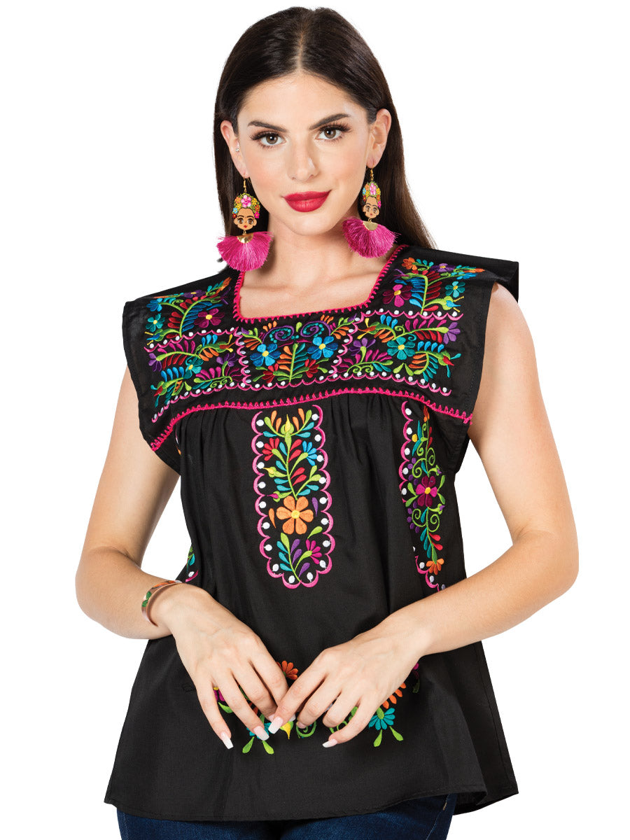 Artisanal Embroidered Blouse 100% Cotton Black 603048