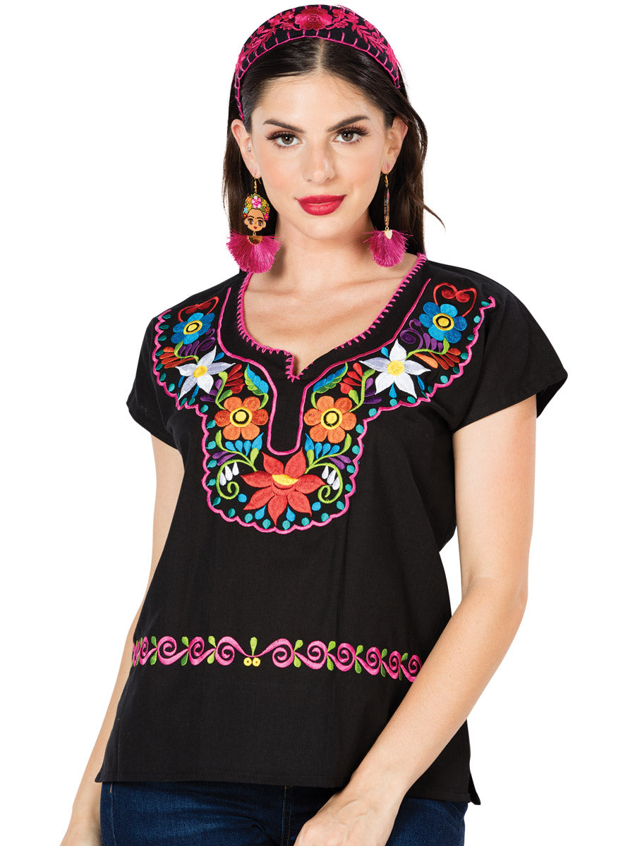 Artisanal Embroidered Blouse 100% Cotton Black 603058