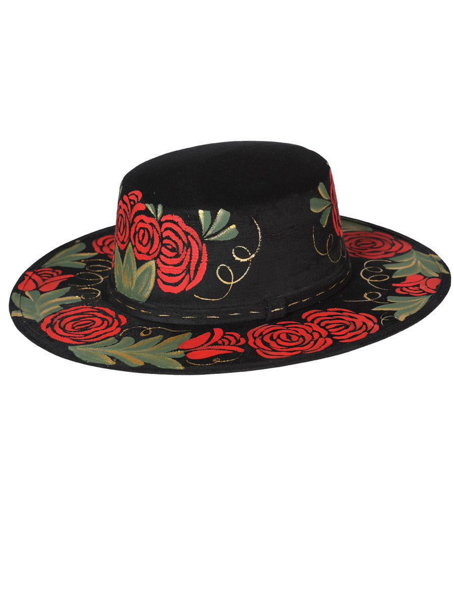 Artisanal Hat - Suede -  Red  Roses -  Black 603719