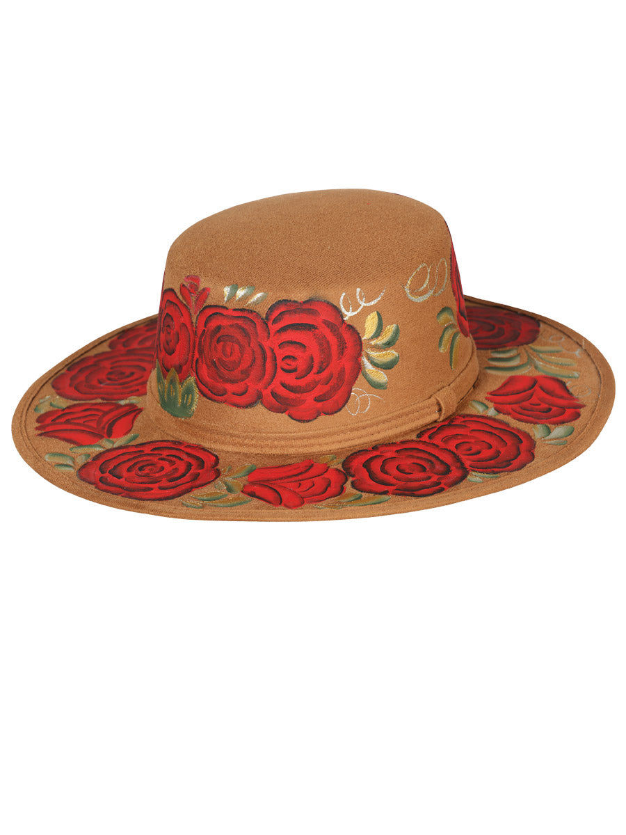 Artisanal Hat - Suede -  Red  Roses -  Camel 603721