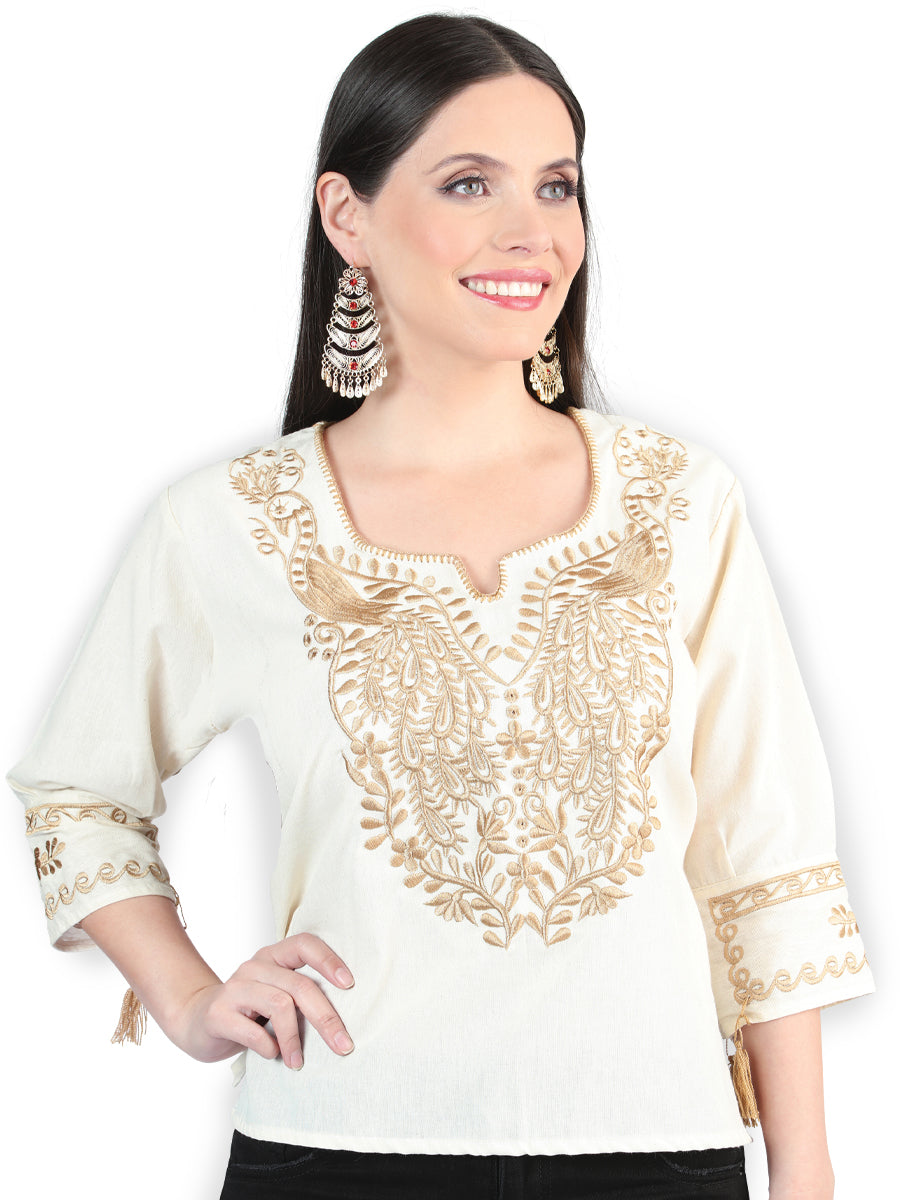 Artisanal Embroidered Blouse 100% Cotton Beige 603961