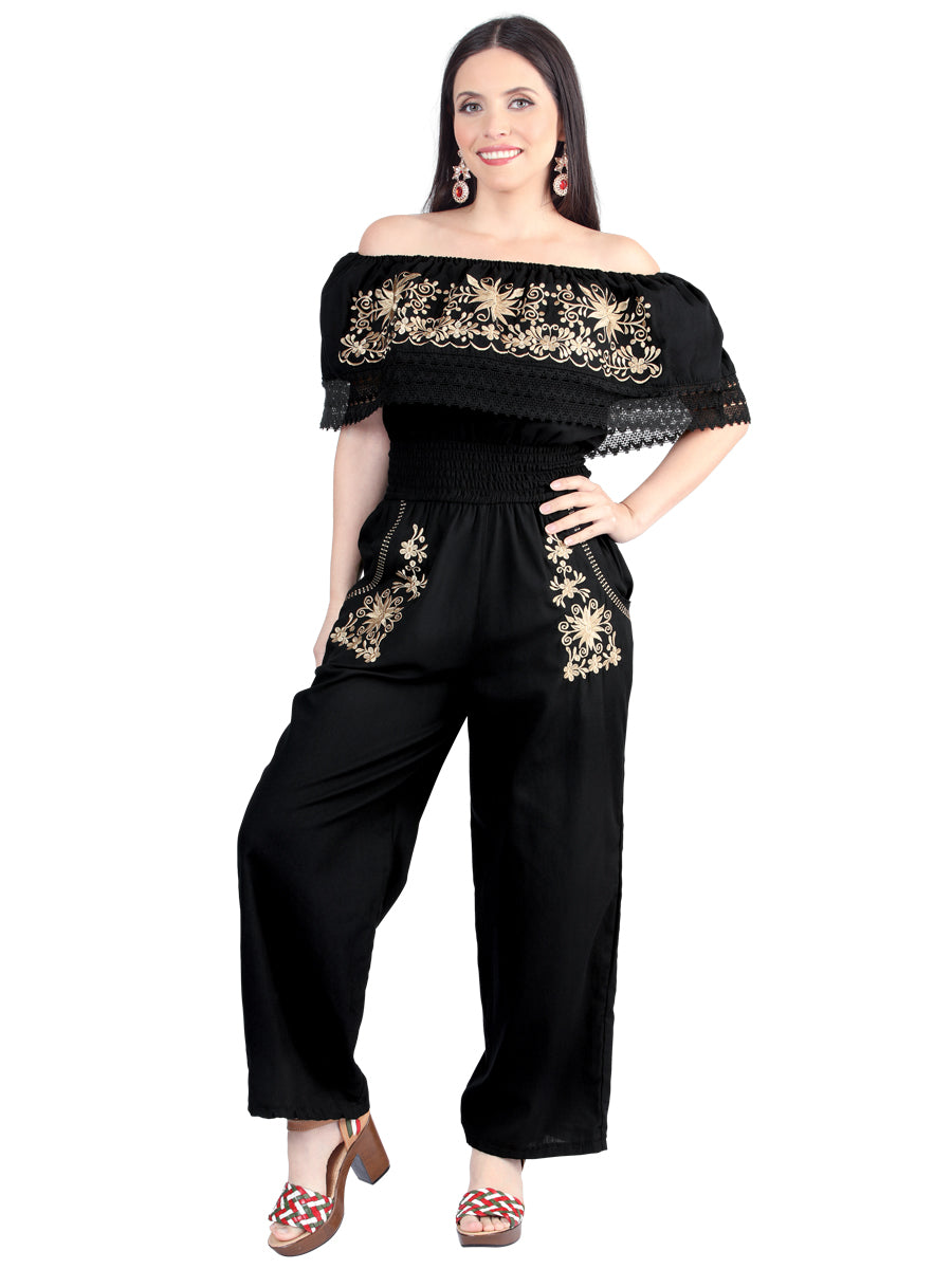 Artisanal Embroidered Jumpsuit 100% Cotton Black 603965