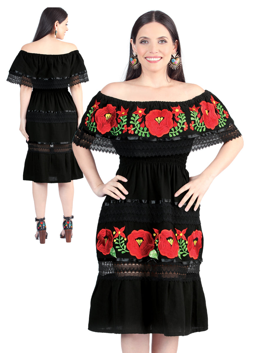 Mexican Artisanal Embroidered Dress 100% Cotton Black 604002